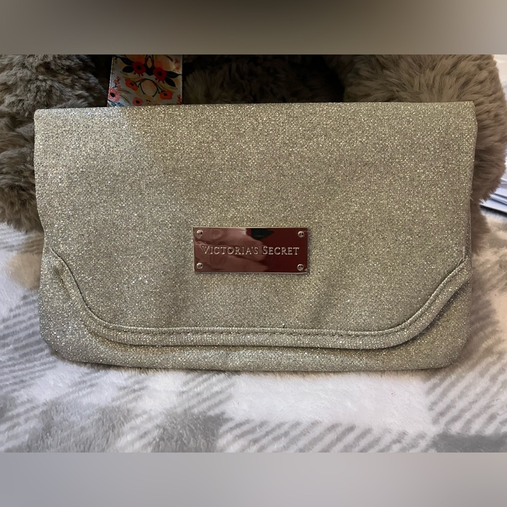 Victoria’s Secret Silver Sparkle Clutch w/ Snap Closure and Zippered Compartment